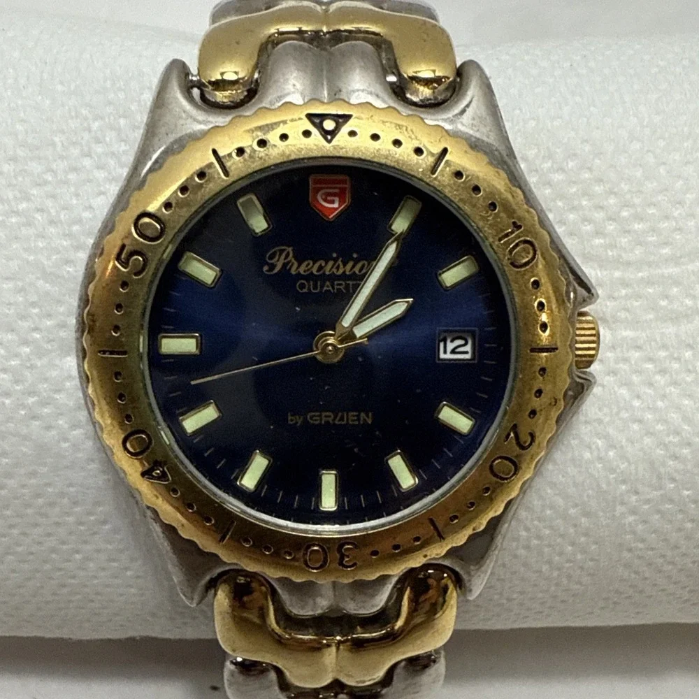 Vintage Gruen Precision Men's Watch Two Tone‎ Gold Silver-Blue Face-Not Tested